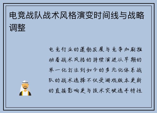 电竞战队战术风格演变时间线与战略调整